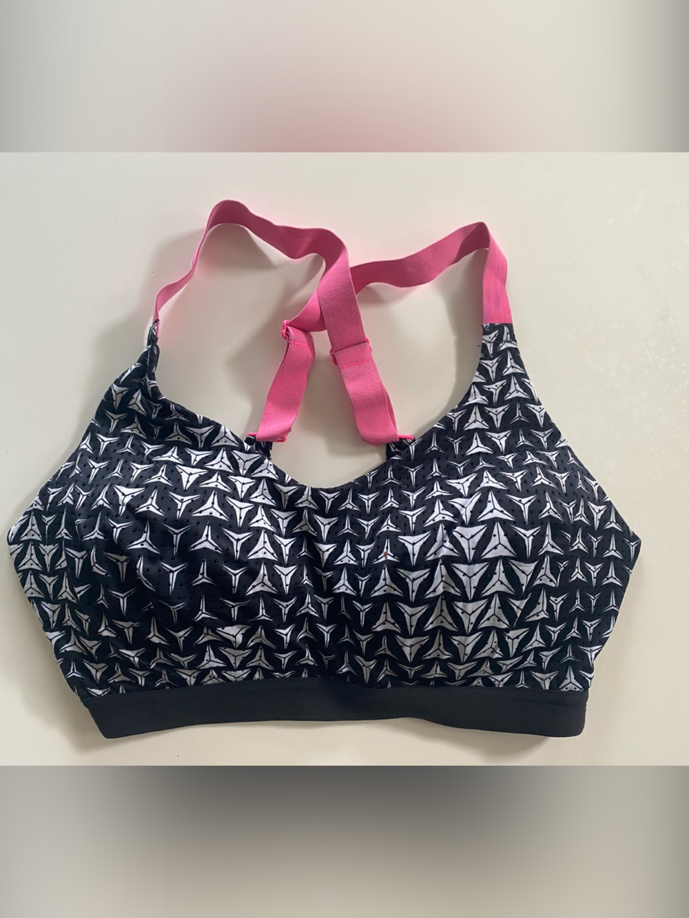 Victoria's Secret Black & White Patterned Sports Bra with Pink Straps
